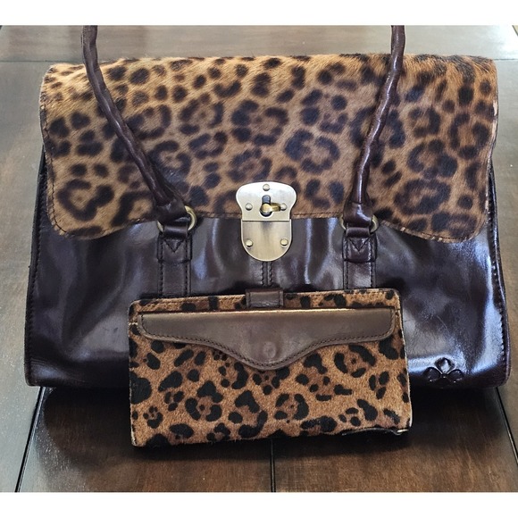 Patricia Nash Leopard Calfhair Vienna Satchel Shoulder Bag Brown Matching Wallet